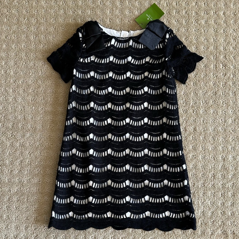 NWT Kate Spade Girls’ Black Scalloped Lace Virginia Dress With White Underlay, 4